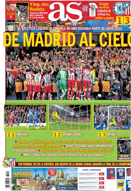 &#39;Da Madrid al cielo&#39; l&#39;apertura a caratteri cubitali di As: &#39;L&#39;Atletico ha liquidato il Chelsea con un secondo tempo d&#39;antologia&#39; scrive il quotidiano sportivo spagnolo